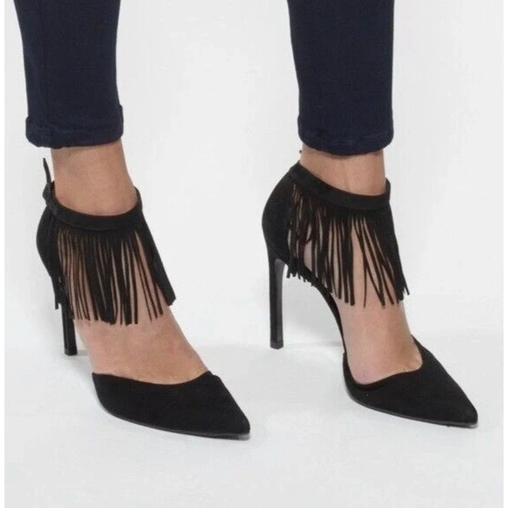 Stuart Weitzman Fringelica Black Suede Pump Point Toe Fringe Slim Heel A…